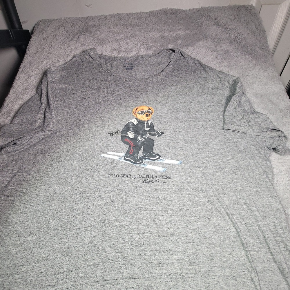Vintage Polo Sport Ralph Lauren Skiing Teddy Bear Grey T Shirt Size Large